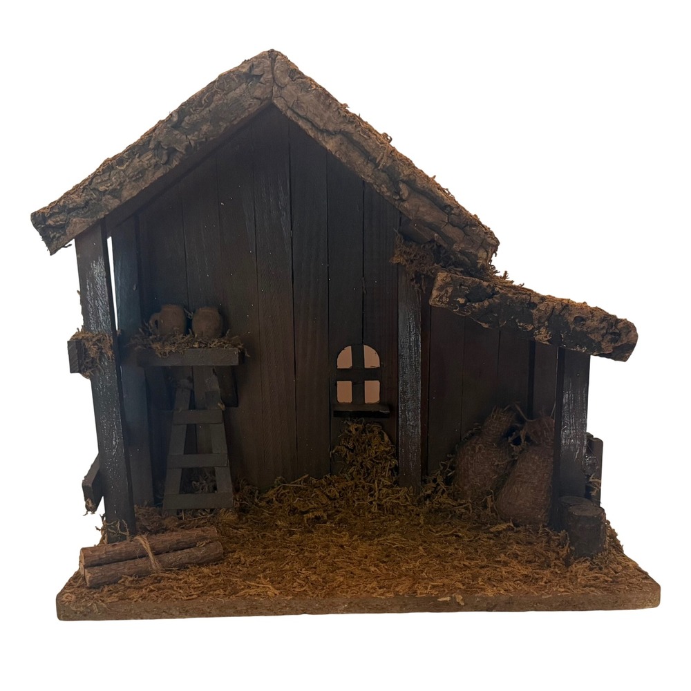 Vintage Wooden Nativity Stable Christmas Manger Scene Rustic Wood & Moss 11"x12"